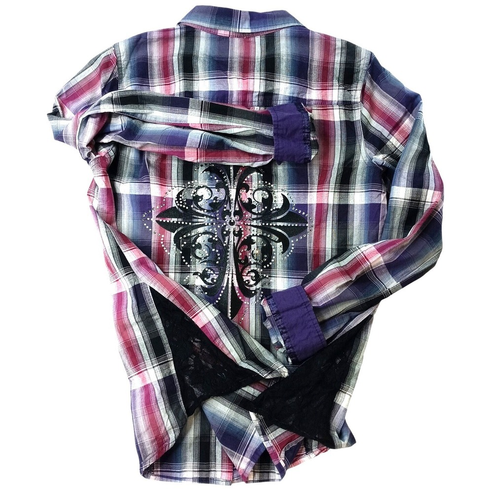 Y2K Maurice's Plaid Shirt Rhinestone Embellished Lace Western Style Women's Med - Picture 13 of 16